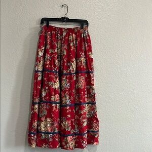 Vintage Koret City Blue Linen Blend Floral Red Skirt Tiered Sz L Boho